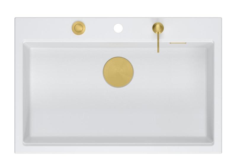 Quadri Hard Rock lavello da appoggio in granito bianco grande 76x50cm incluso tappo dorato e accessori 1208967424