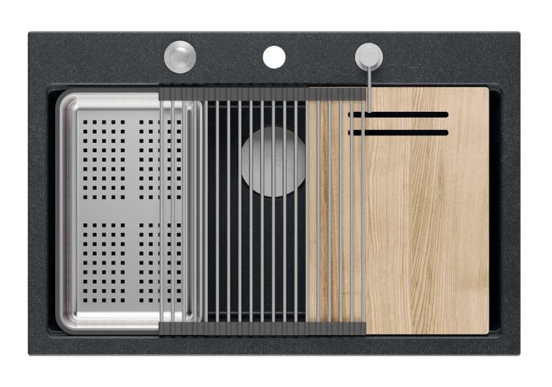 Quadri Hard Rock antracite in granito montato con grande lavello 76x50cm, inclusi tappo in acciaio inossidabile e accessori 1208967442