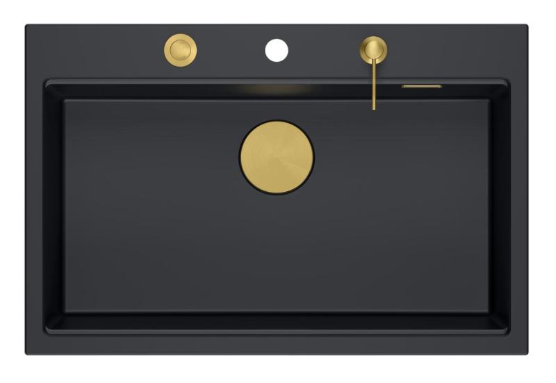 Quadri Hard Rock in granito antracite, lavello da incasso grande 76x50cm con tappo dorato e accessori inclusi 1208967444
