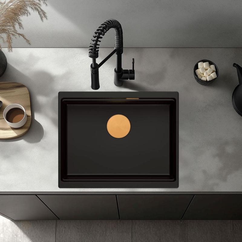 Quadri Newport II lavello sottopiano in granito nero 560x450mm con tappo e coperchio di scarico in rame 1208967450