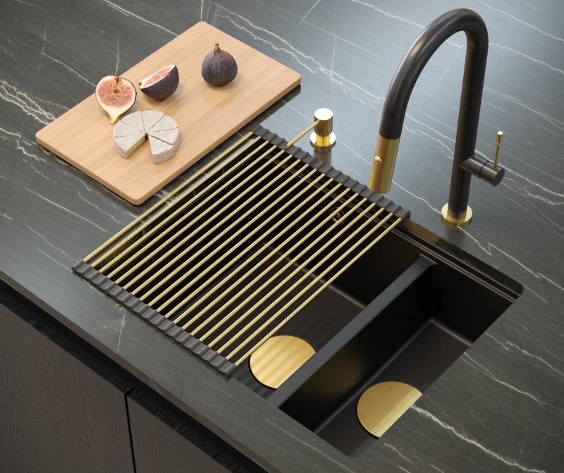 Quadri Newport II nero 1,5 vasca in granito montaggio a incasso e sottopiano dimensioni 555x460mm con tappo dorato 1208967464