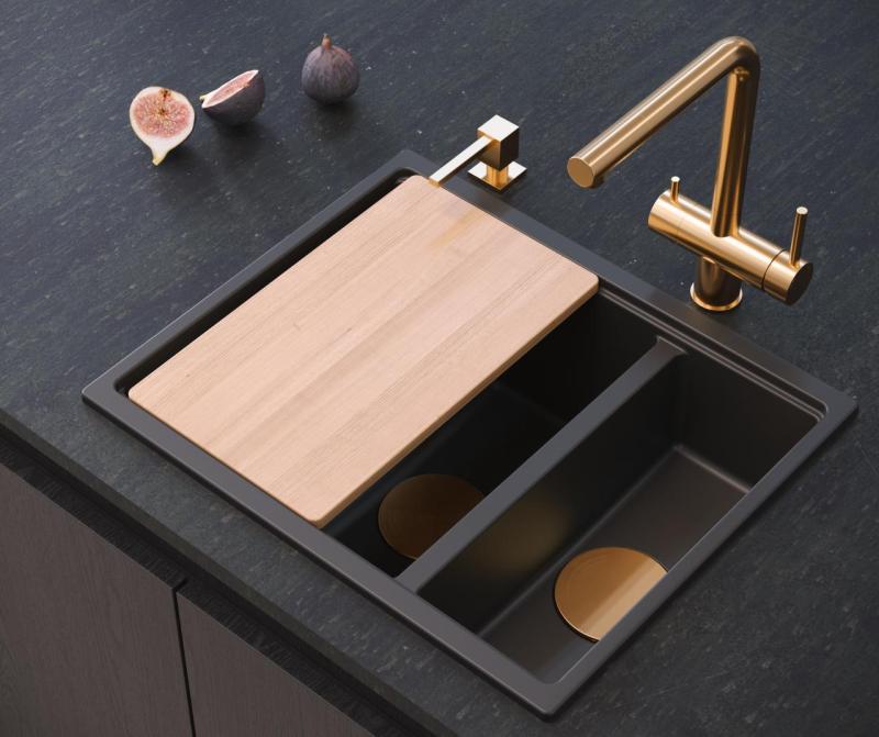 Quadri Newport II nero 1,5 vasca in granito installazione a incasso e sottopiano lavello 555x460mm con tappo in rame 1208967465