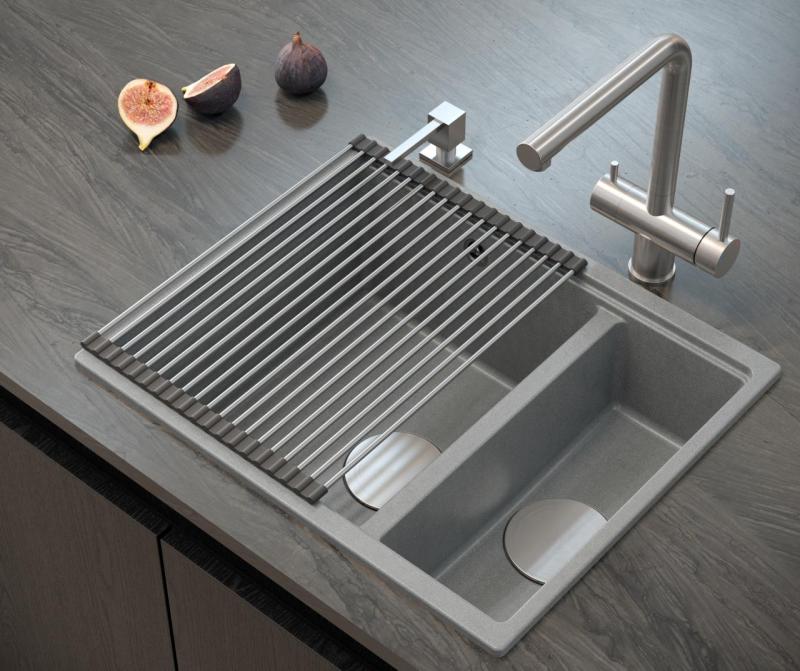 Quadri Newport II grigio, lavello in granito da 1,5 vasca, installazione sia a incasso che sottotop, 555x460mm con tappo in acciaio inossidabile 1208967469.