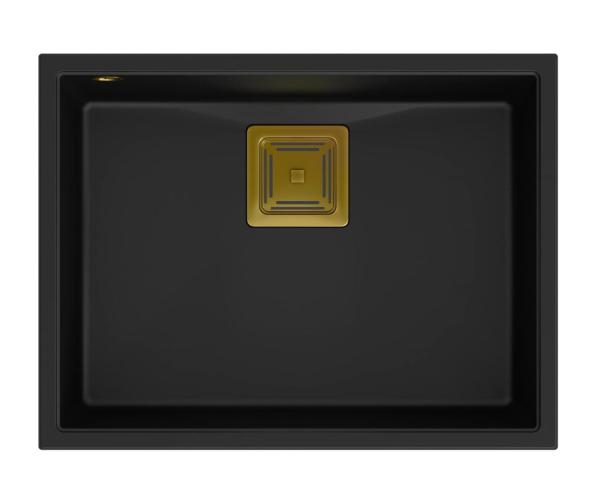 Quadri Quadrangle lavello da incasso in granito nero 55x42cm con tappo dorato 1208967475