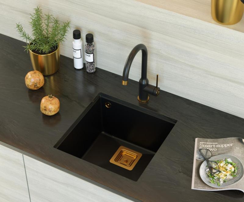 Quadri Quadrangle lavello sottopiano in granito nero 42x42 cm con tappo in rame 1208967482