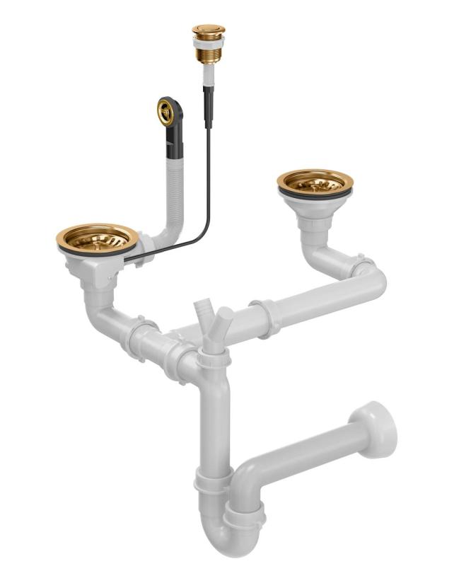 Set di scarico per lavabo a doppia vasca in rame Quadri con troppopieno e pulsante push to open in rame 1208967546