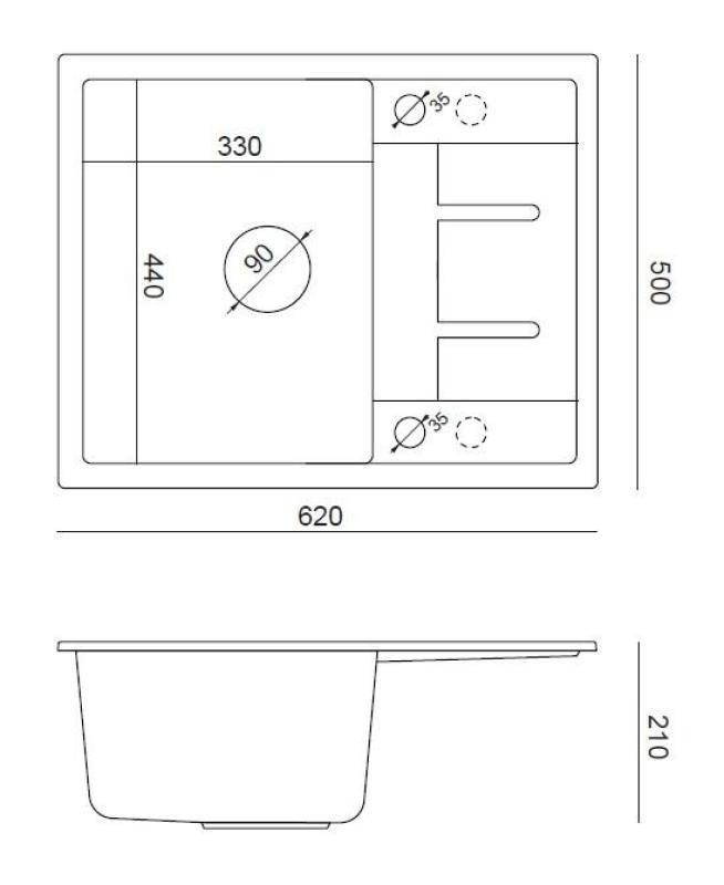 Vasca da cucina Quadri Dalton in granito grigio con superficie di sgocciolamento 62x50cm con tappo dorato 1208967565