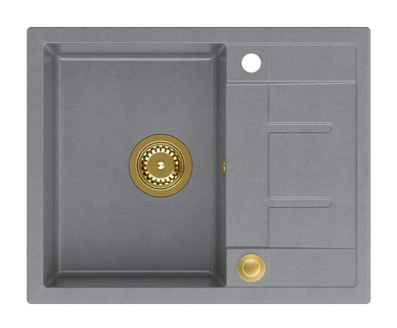 Vasca da cucina Quadri Dalton in granito grigio con superficie di sgocciolamento 62x50cm con tappo dorato 1208967565
