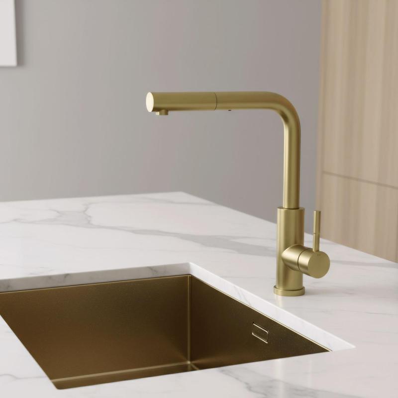 Pure.Sink Elite Steel Spark-S rubinetto da cucina PVD Oro Spazzolato con bocca estraibile PS8041-60