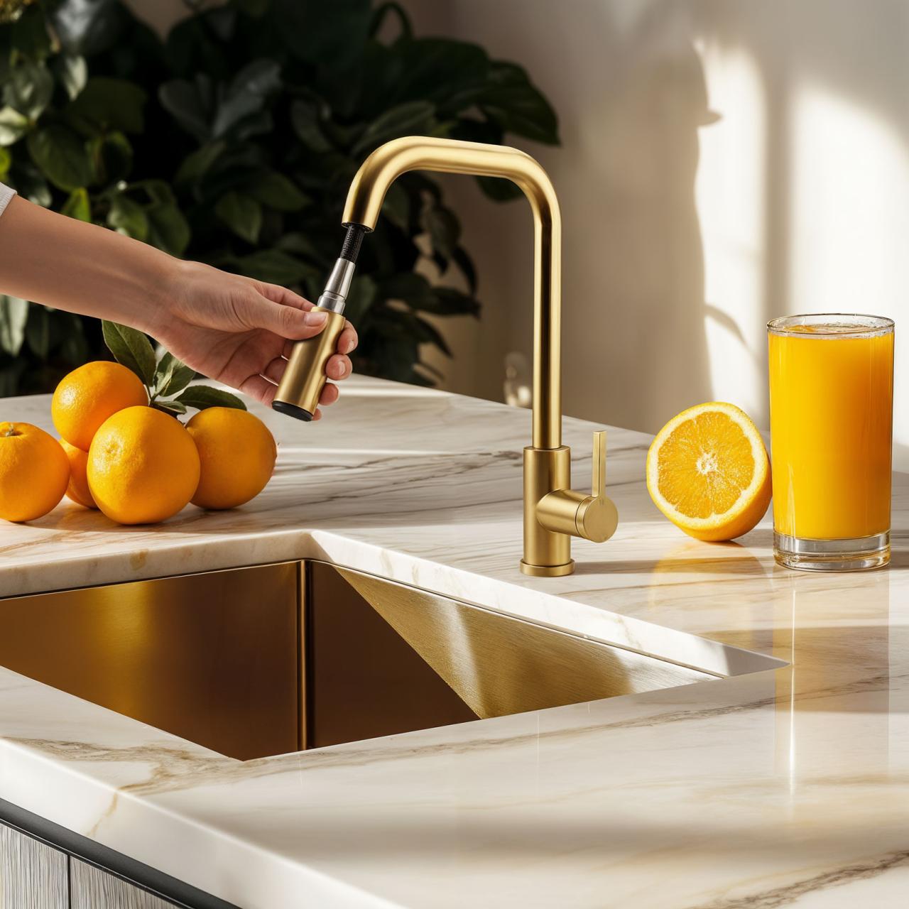 Pure.Sink Elite Steel Crystal-S rubinetto da cucina in PVD oro spazzolato con bocca estraibile PS8050-60. - Productafbeelding 2