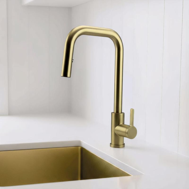 Pure.Sink Elite Steel Crystal-S rubinetto da cucina in PVD oro spazzolato con bocca estraibile PS8050-60.