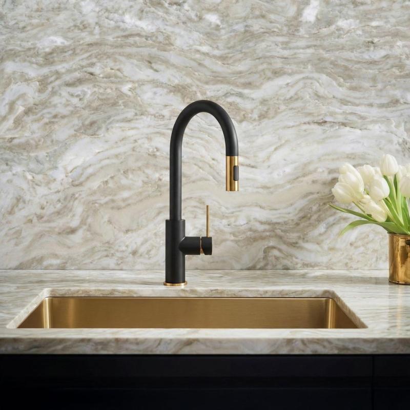 Quadri Retford Rubinetto da Cucina Nero con Finitura Dorata e Doccetta Estraibile con Funzione Spray 1208967677