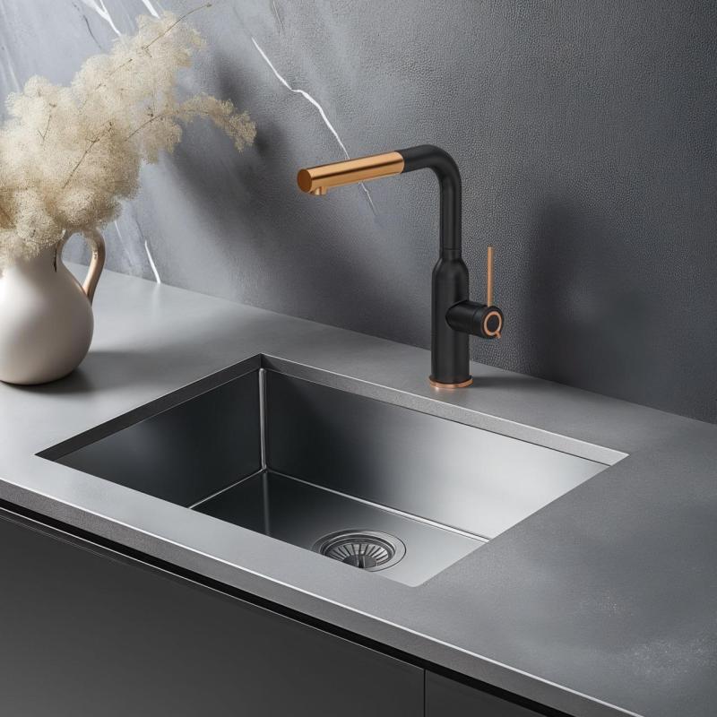 Rubinetto da cucina Quadri Stamford nero con finitura in rame PVD e doccetta estraibile 1208967689