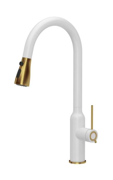 Quadri Stamford Miscelatore da Cucina Bianco con Finitura in Oro PVD con Doccetta Estraibile e Funzione Spray 1208967690