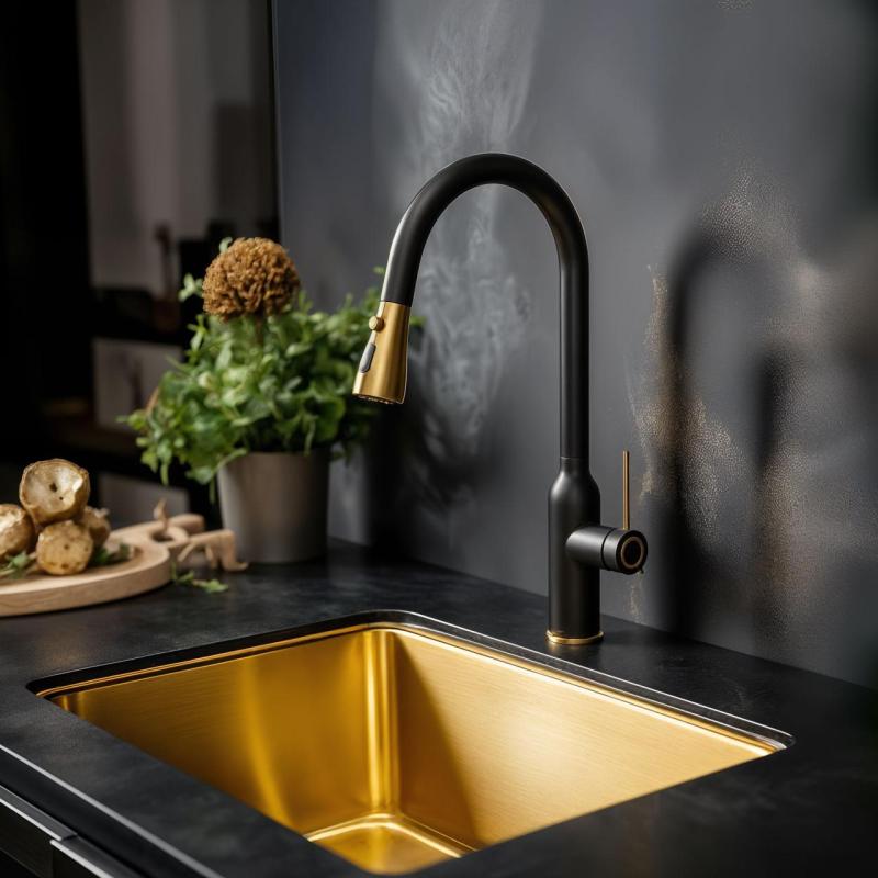 Quadri Stamford Rubinetto da Cucina Nero con Finitura in Oro PVD con Doccetta Estraibile e Funzione Spray 1208967693
