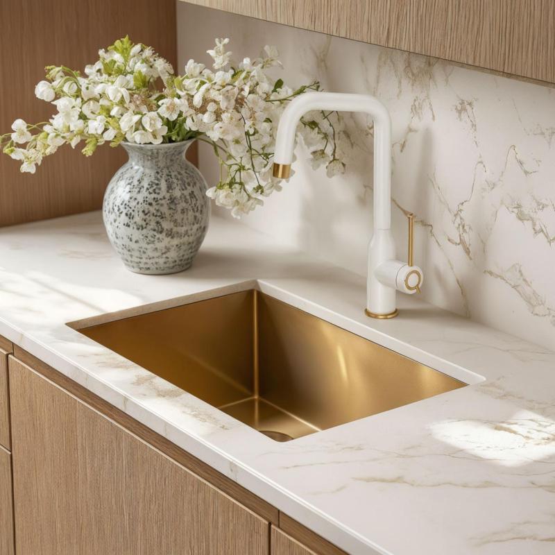 Quadri Stamford Rubinetto da Cucina Bianco con Finitura in Oro PVD con Beccuccio Angolare Girevole 1208967697