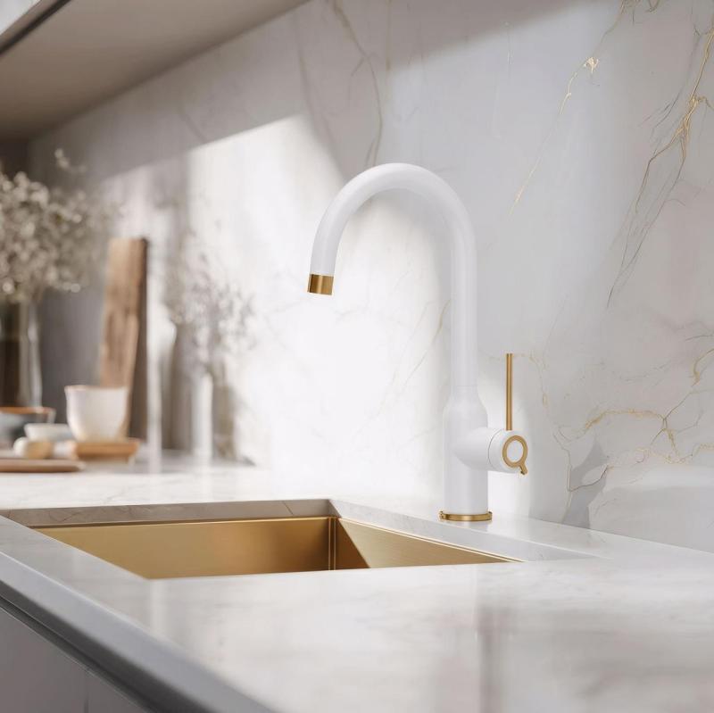 Quadri Stamford Rubinetto da Cucina Bianco con Finitura in Rame con Bocca Rotante Rotonda 1208967711