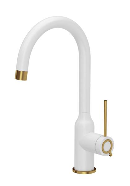 Rubinetto da cucina Quadri Stamford bianco con finitura dorata e bocca girevole rotonda 1208967712