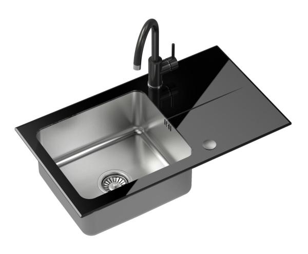 Set Quadri Glazz con Rubinetto da Cucina e Lavello da Incasso in Acciaio Inox con Gocciolatoio in Vetro Nero - 77x44 cm Reversibile - 1208967734