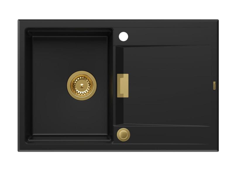 Quadri Minton Lavello da Incasso in Granito Nero 76x50cm con Sgocciolatoio Reversibile e Tappo Oro 1208967739