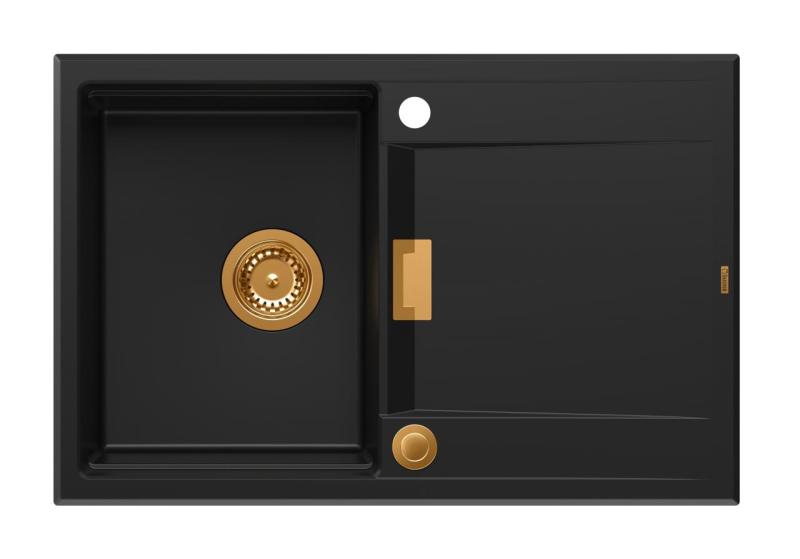 Quadro Minton Lavello da Incasso in Granito Nero 76x50cm con Gocciolatoio Reversibile e Tappo in Rame 1208967740