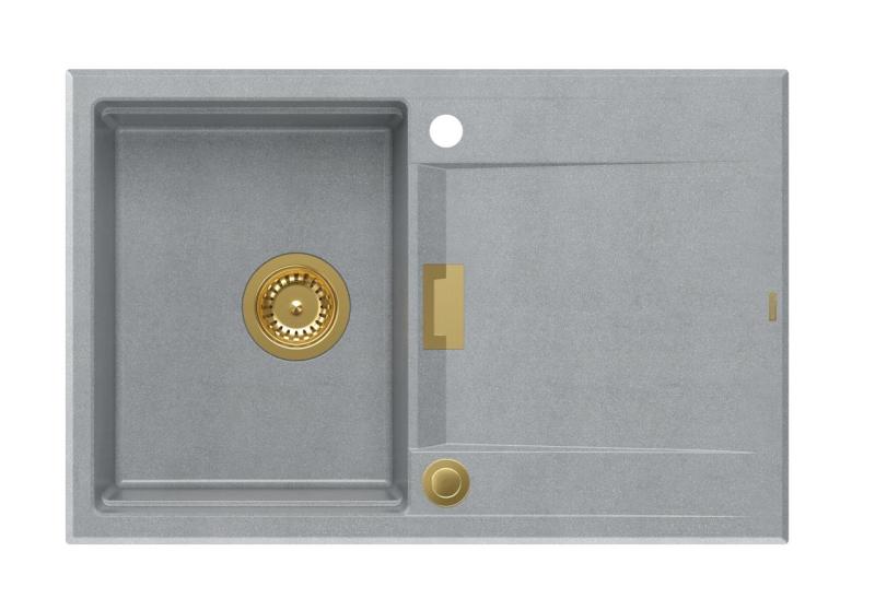 Quadri Minton Lavello in Granito da Appoggio Grigio 76x50cm con Sgocciolatoio Reversibile e Tappo Dorato - 1208967742