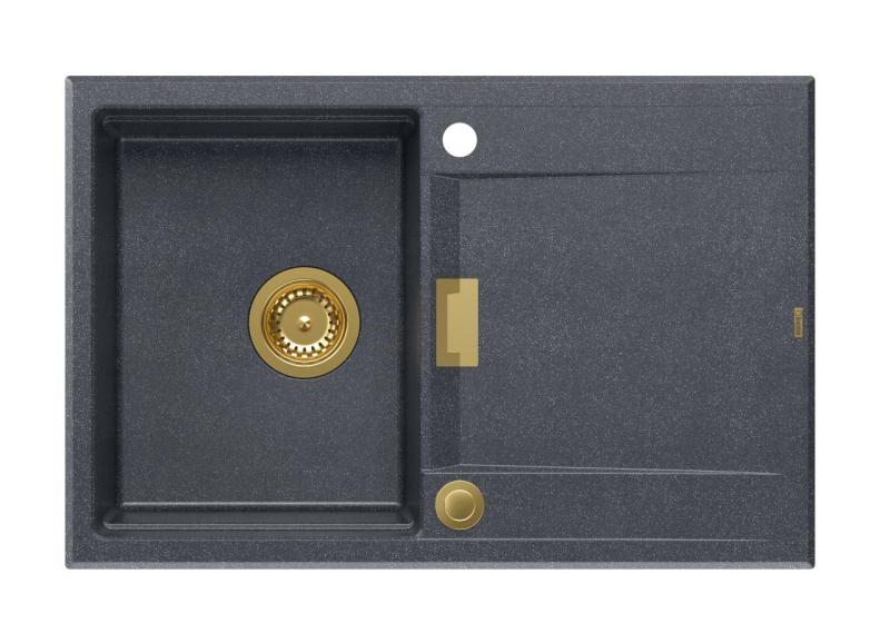 Quadri Minton Lavello da Incasso in Granito Antracite 76x50cm con Sgocciolatoio Reversibile e Tappo Dorato - 1208967745