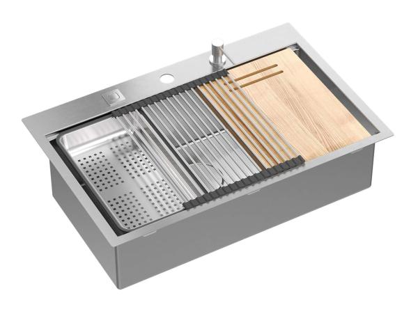 Aquadesign Vesta Lavello in Acciaio Inox 76x49cm Installazione da Appoggio e a Filo con Foro per Rubinetto, inclusi Tappo in Acciaio Inox e Accessori - 1208967762