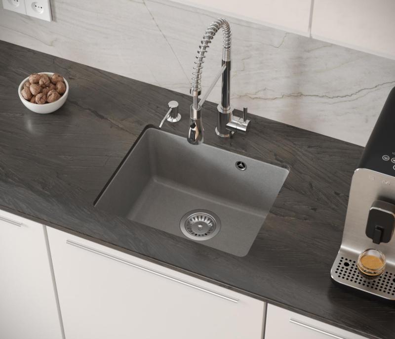 Quadri Elston Grigio Lavello Sottopiano in Granito 420x335mm con Tappo in Acciaio Inox 1208967775