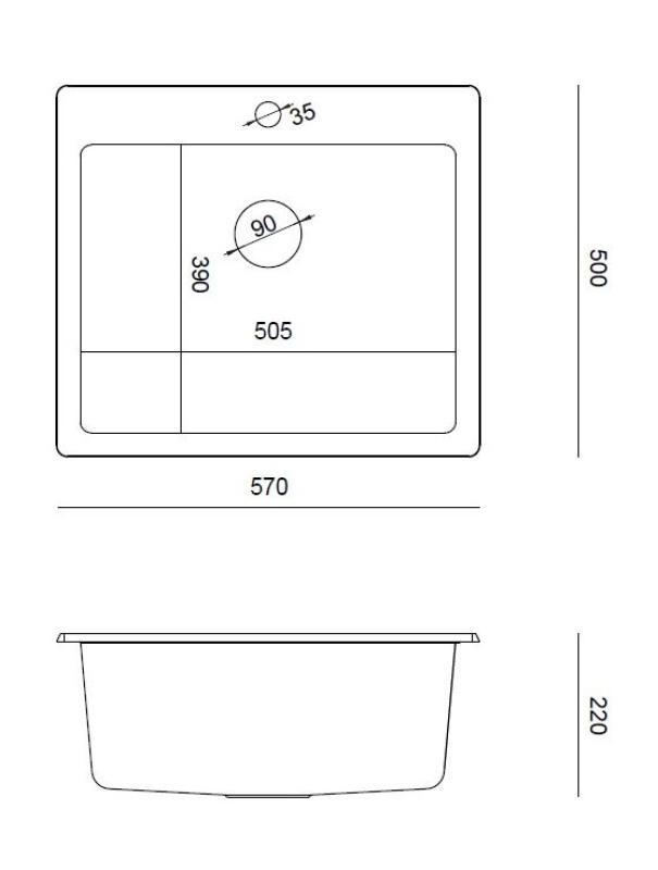 Quadri Sheffield Antracite Lavello in Granito da Appoggio o Incasso a Filo 57x50 cm con Panca per Rubinetto e Tappo Dorato - 1208967813
