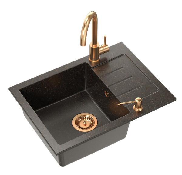 Quadri Kendal Set met Keukenkraan, Vloeistofdispenser en Granieten Antraciet Koperkleurige Spoelbak 60x44 cm met Afdruipgedeelte en Koperen plug en Orveloop- 1208967841

Set Quadri Kendal con