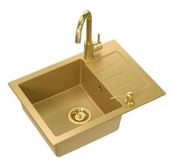 Set Quadri Kendal con Miscelatore da Cucina, Dispenser di Liquidi e Lavello in Granito Color Oro 60x44 cm con Scolapiatti e Tappo Oro e Troppopieno - 1208967842