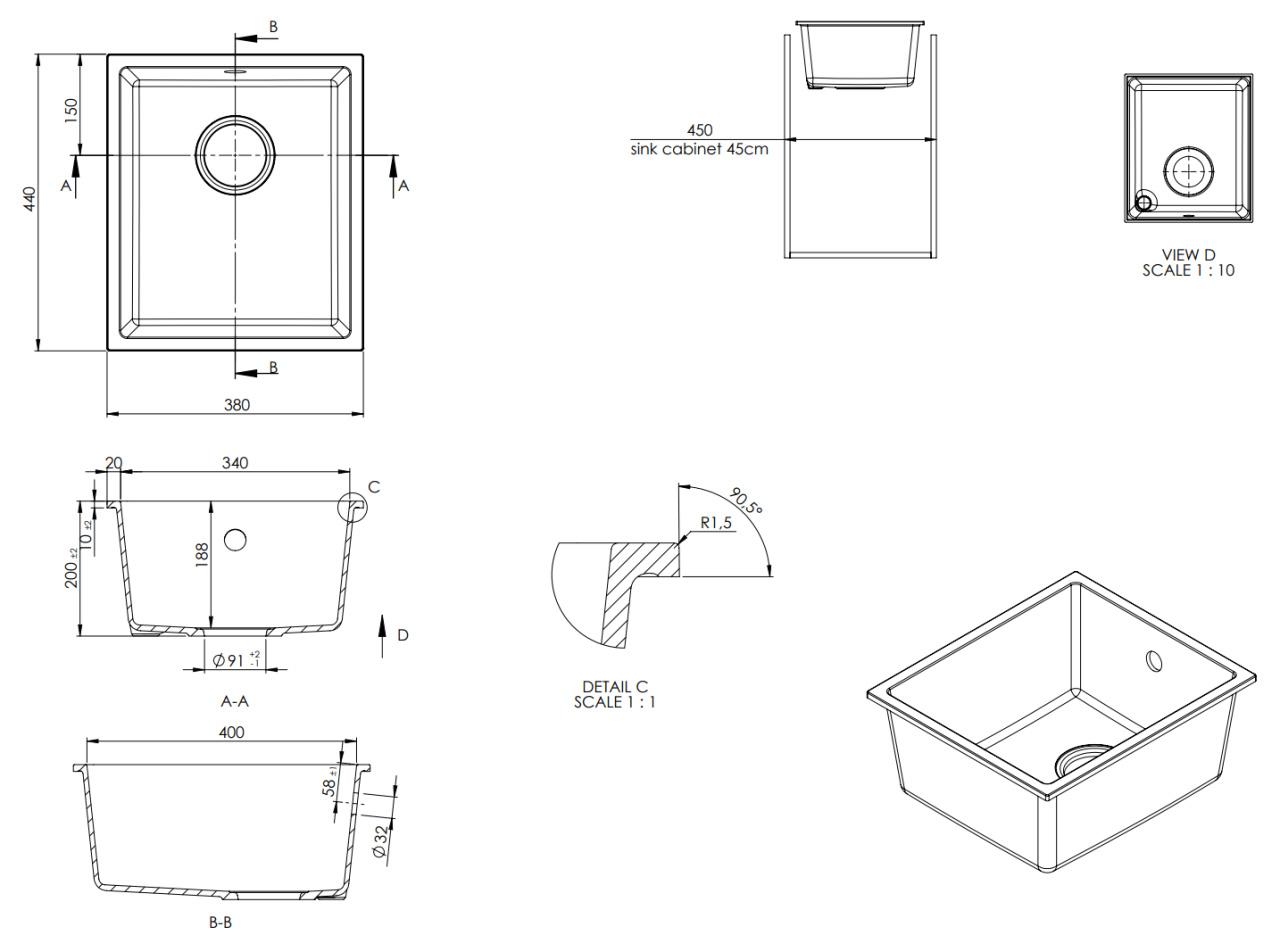 GraniteMy Universal Lavello in Granito Bianco 34x40 cm bianco per installazione a incasso, sottopiano e filo top con tappo in metallo canna di fucile 1208967904 - Productafbeelding 5