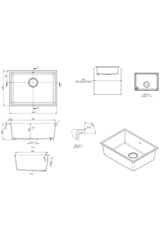 GraniteMy Lavello Universale in Granito Bianco 55x40 cm da Incasso, Sottopiano e Filotop con Tappo in Metallo Gun - 1208967933