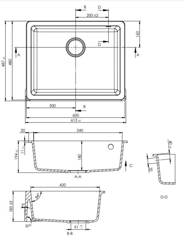 GraniteMy Tradition Lavello Rustico Lavello in Granito 60x48 cm Nero Sotto e Sopra Piano con Tappo Nero 1208967936