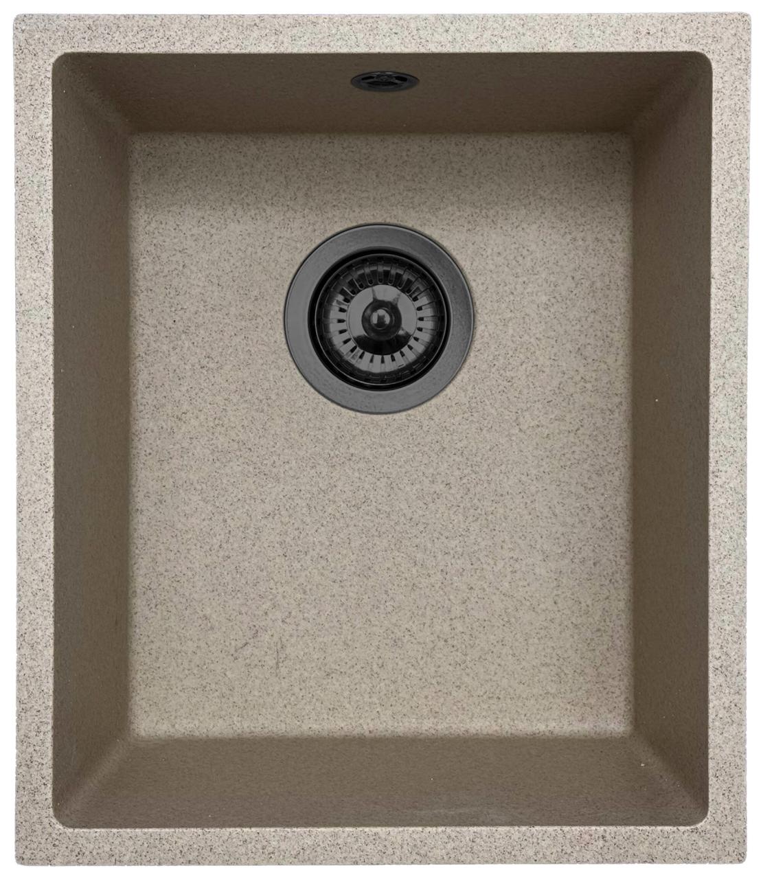 GraniteMy Universale lavello in granito beige sabbia 34x40 cm montaggio a incasso, sottopiano e filo top con tappo in metallo canna di fucile 1208968011 - Productafbeelding