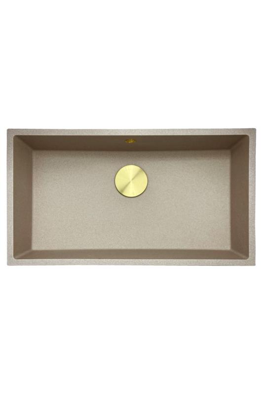 GraniteMy Universal lavello in granito sabbia beige 74x40 cm installazione a incasso, sottopiano e filo top con tappo dorato 1208968018