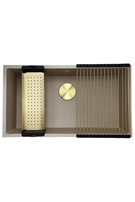 GraniteMy Universal lavello in granito sabbia beige 74x40 cm installazione a incasso, sottopiano e filo top con tappo dorato 1208968018