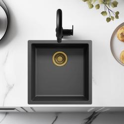 Lavello nero 40x40cm da incasso, semi-incasso e filotop con tappo dorato 1208968034