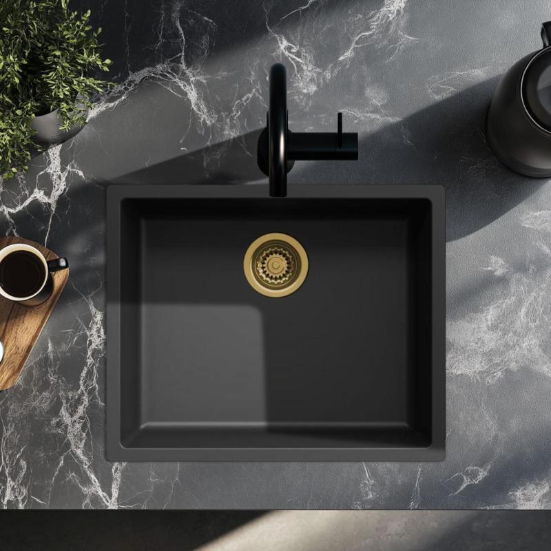 Lavello nero 50x40cm sottopiano, soprapiano e filotop con tappo dorato 1208968037