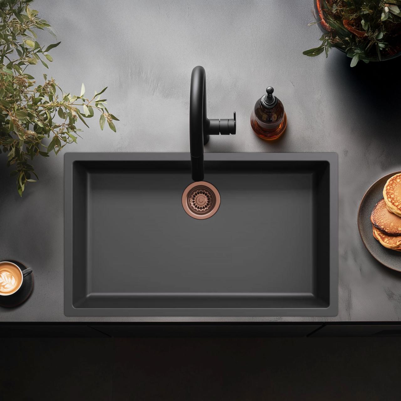 Lavello grande nero 70x40cm per installazione sottopiano, a incasso e filo-top con tappo in rame 1208968039 - Productafbeelding 2