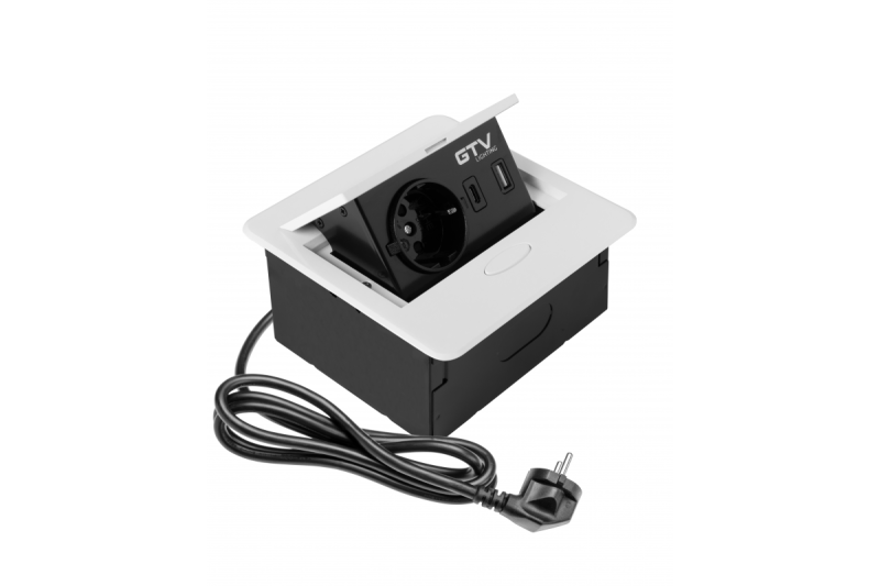 Preso Interruttore AVARO Incassato per Mobili, 1x Presa Schuko, USB A+C, Cavo 1,5m, Bianco