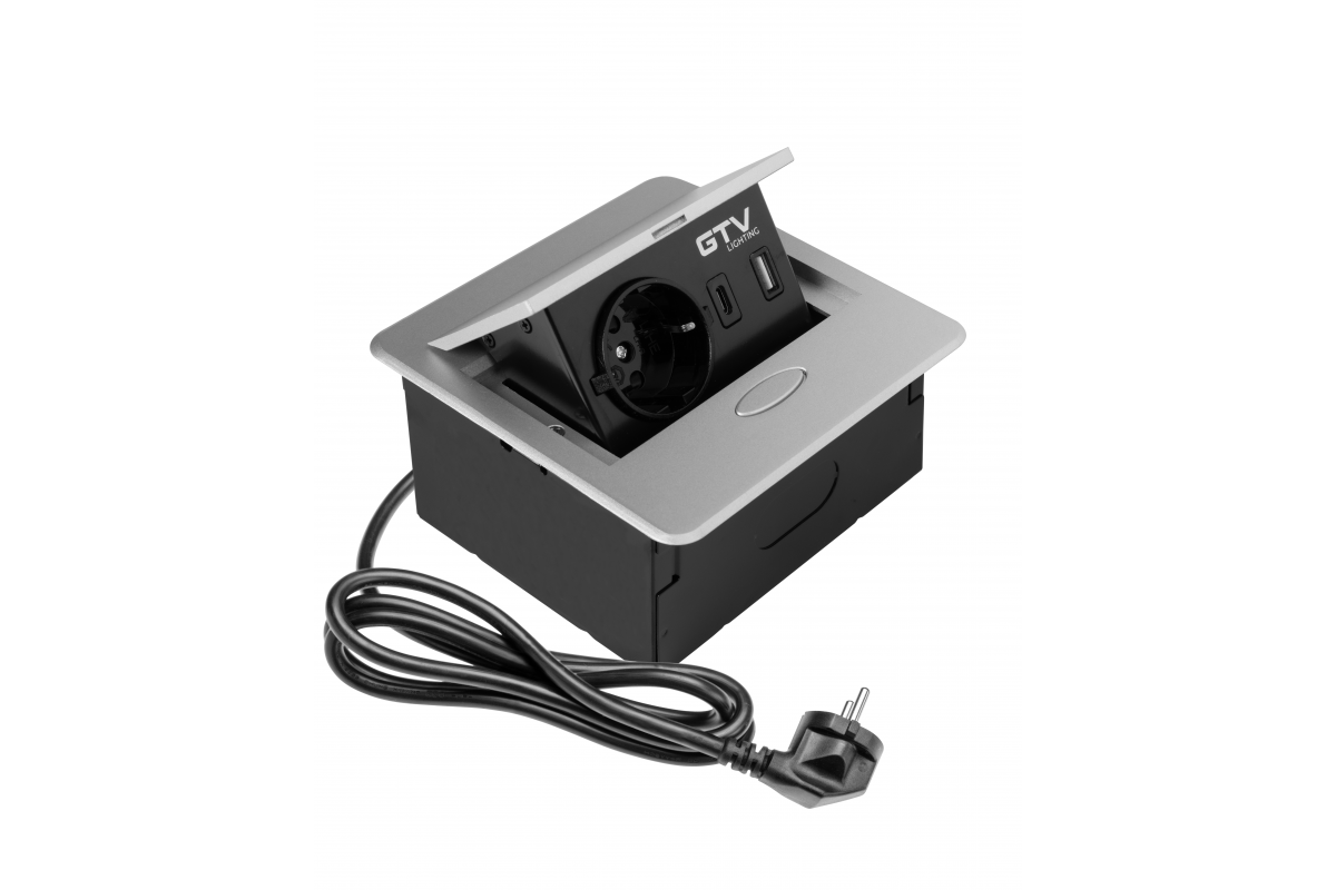 AVARO Presa per Mobili Incassata, 1x Presa Schuko, USB A+C, Cavo 1,5m, Argento - Productafbeelding 2