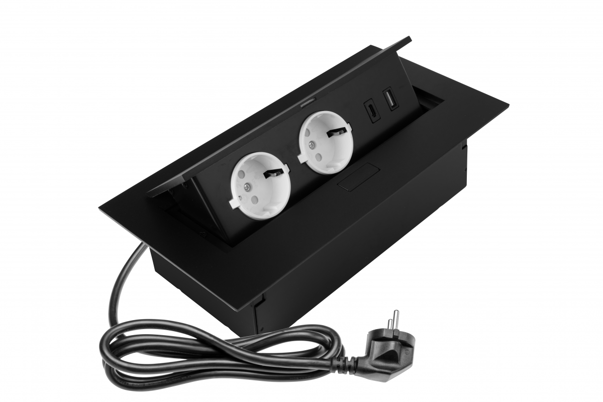 Presa per mobili 2x presa schuko, USB A+C, senza cavo, nero - Productafbeelding 2