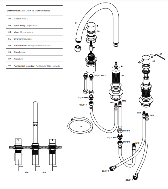 Waterevolution Flow miscelatore da cucina a 3 fori con bocca girevole e collegamento per acqua filtrata cromato T152U01