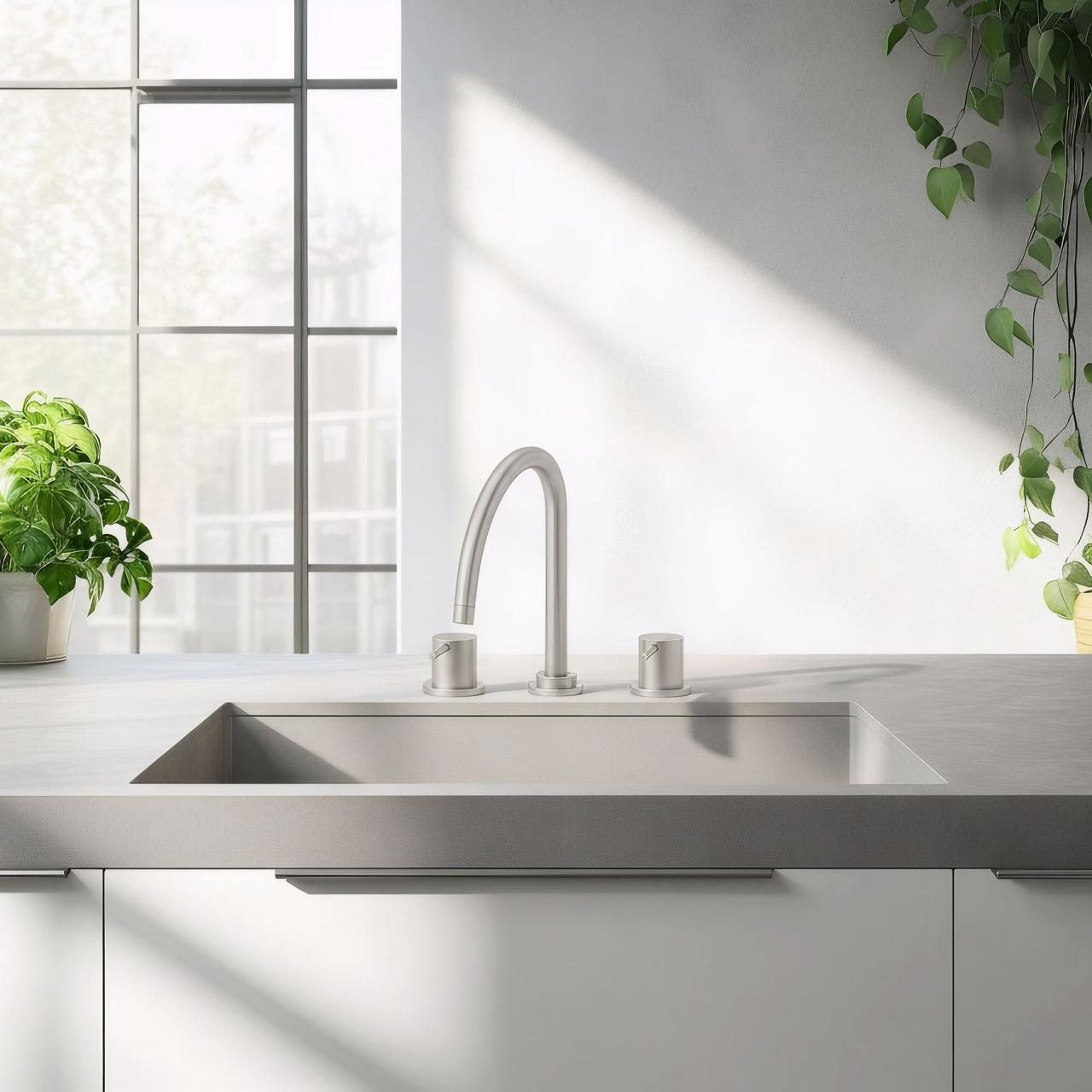 Waterevolution Flow rubinetto da cucina a 3 fori con bocca girevole e collegamento per acqua filtrata in acciaio inossidabile T152UIE - Productafbeelding 2