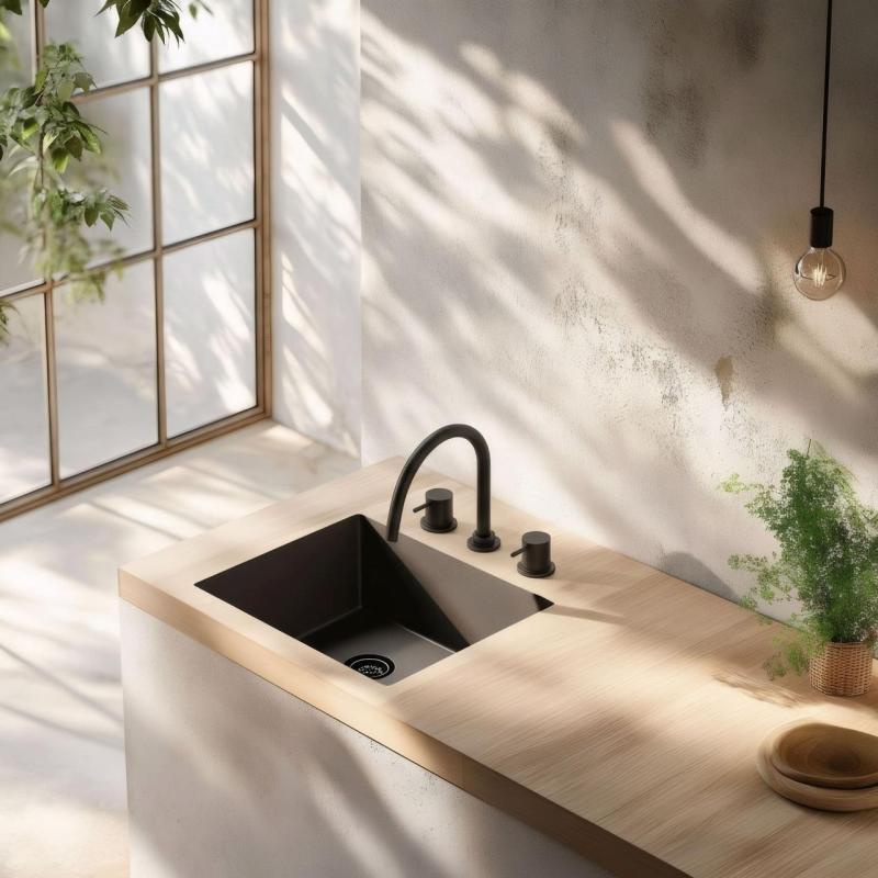 Waterevolution Flow miscelatore da cucina a 3 fori con bocca girevole e attacco per acqua filtrata nero T152UPR