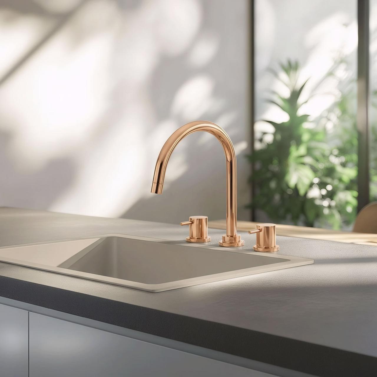 Rubinetto da cucina a 3 fori Waterevolution Flow con beccuccio girevole e attacco per acqua filtrata rame T152UCPE - Productafbeelding 2