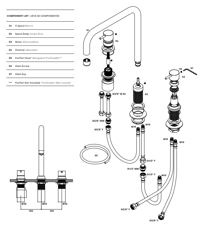 Waterevolution Flow rubinetto da cucina a 3 fori con beccuccio girevole e attacco per acqua filtrata cromo T152H01