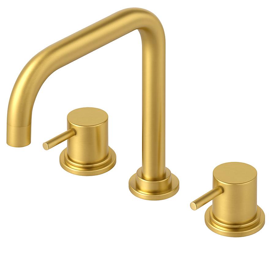 Waterevolution Flow miscelatore da cucina angolare a 3 fori con bocca di erogazione girevole e raccordo per acqua filtrata, light gold T152HWGE - Productafbeelding